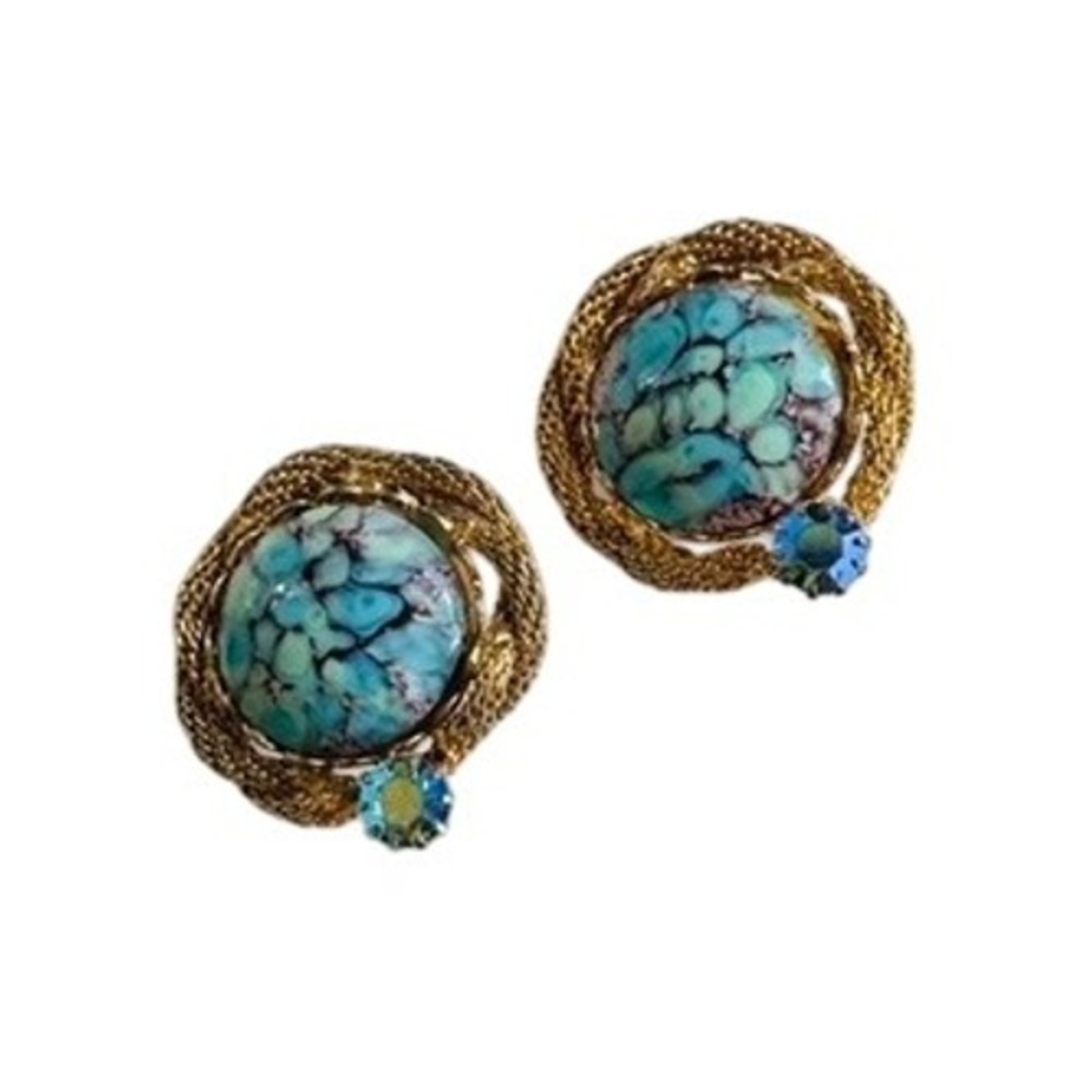 VTG Czech Blue Crystal rhinestone Earrings clip glass‎ cabochons Mesh regal 60s